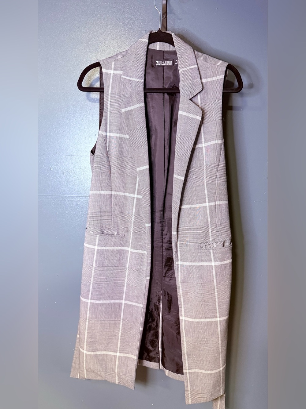 Zara Woman Gray Plaid Sleeveless Long Blazer Vest